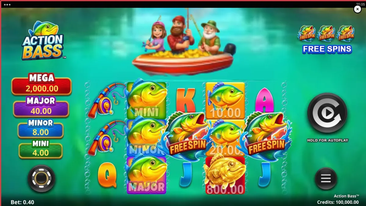 Tampilan visual slot Action Bass dengan tema memancing dan suasana danau yang tenang.