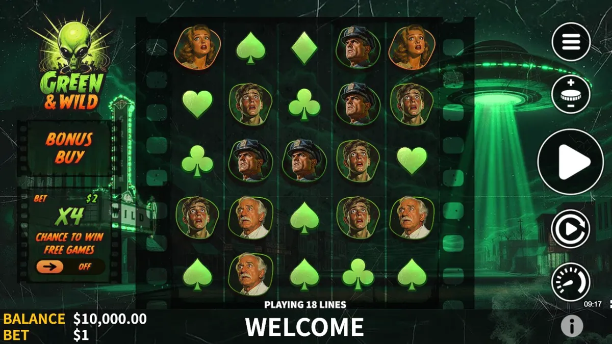 Tampilan visual slot Green & Wild dengan latar belakang hutan yang rimbun dan simbol-simbol alam yang bercahaya.