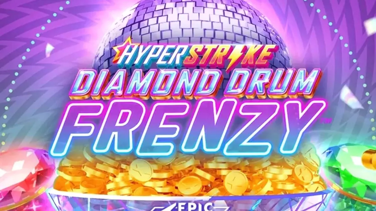 Tampilan visual slot Hyper Strike Diamond Drum Frenzy dengan elemen neon dan drum emas